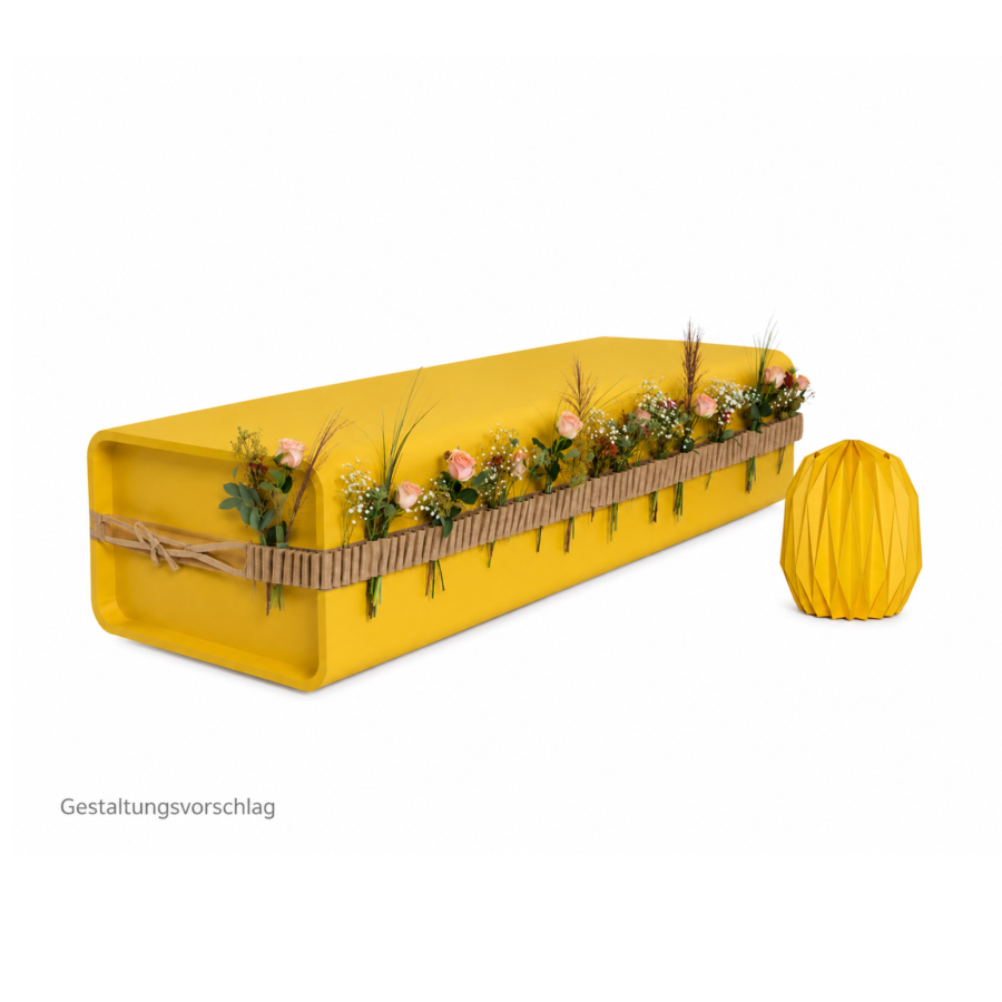 Optimistic Coffin Gelb lasiert – Gestaltungsvorschlag mit Blumenschmuck und Urne