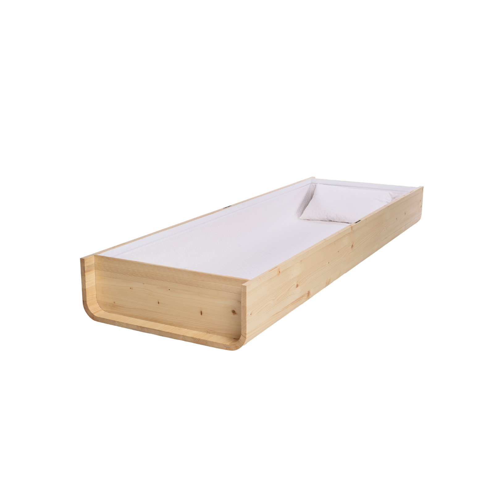 Optimistic Coffin Natur geölt, geöffnet, innen weißer Baumwollbezug mit Kissen