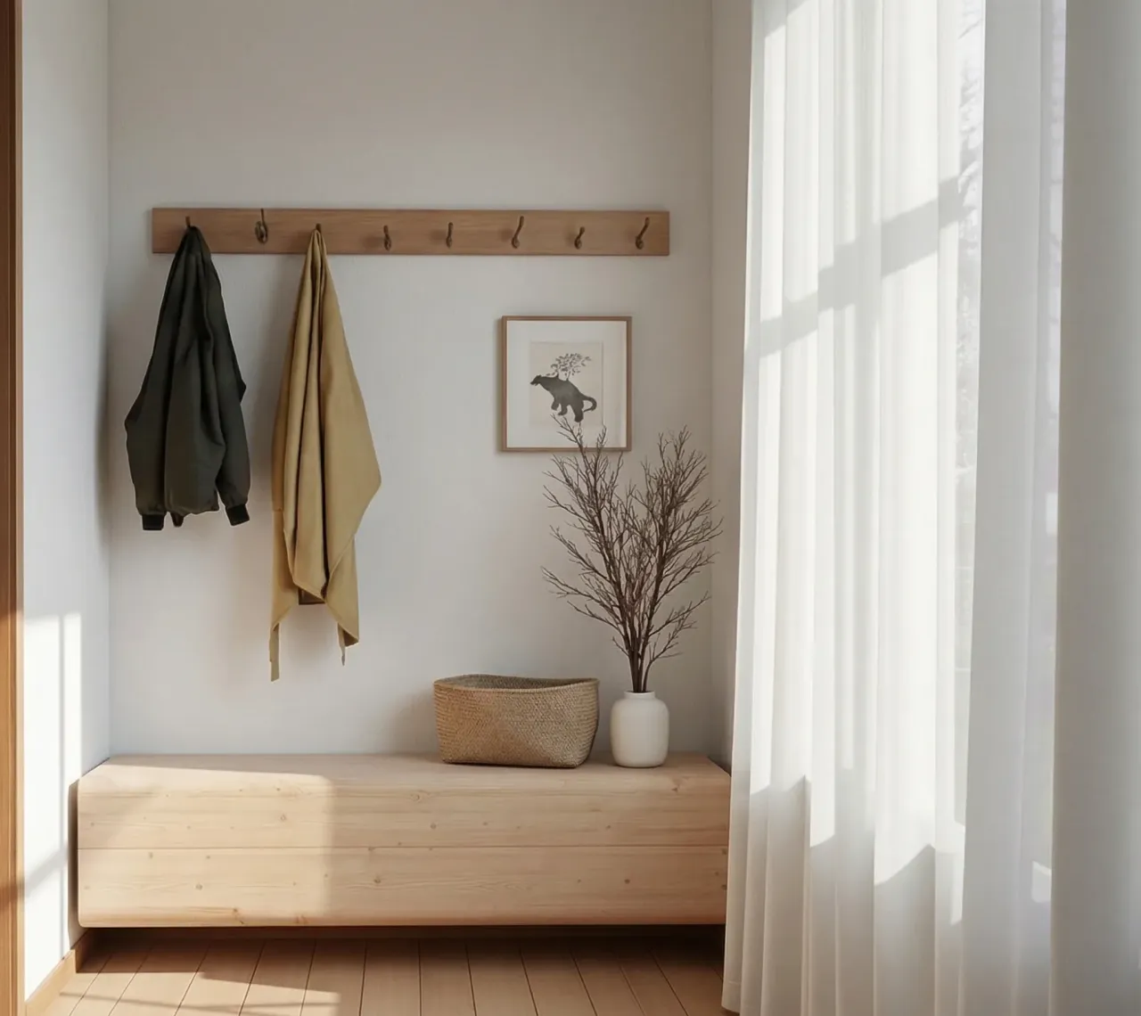 Optimistic Coffin Natur geölt als Sitzbank im Flur unter einer Garderobenleiste