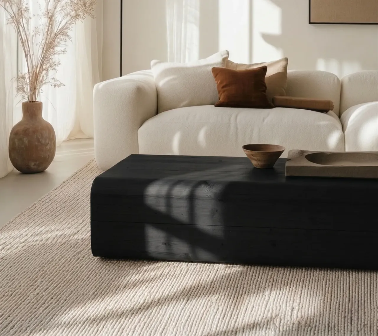 Optimistic Coffin Schwarz lasiert als Couchtisch vor einem hellen Sofa